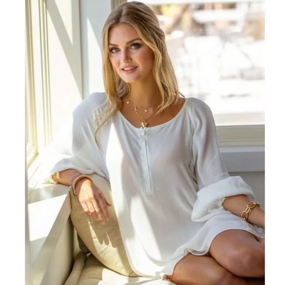 White Button Neck Wide Sleeve Tunic Hi Lo Coverup - Picture 10 of 11